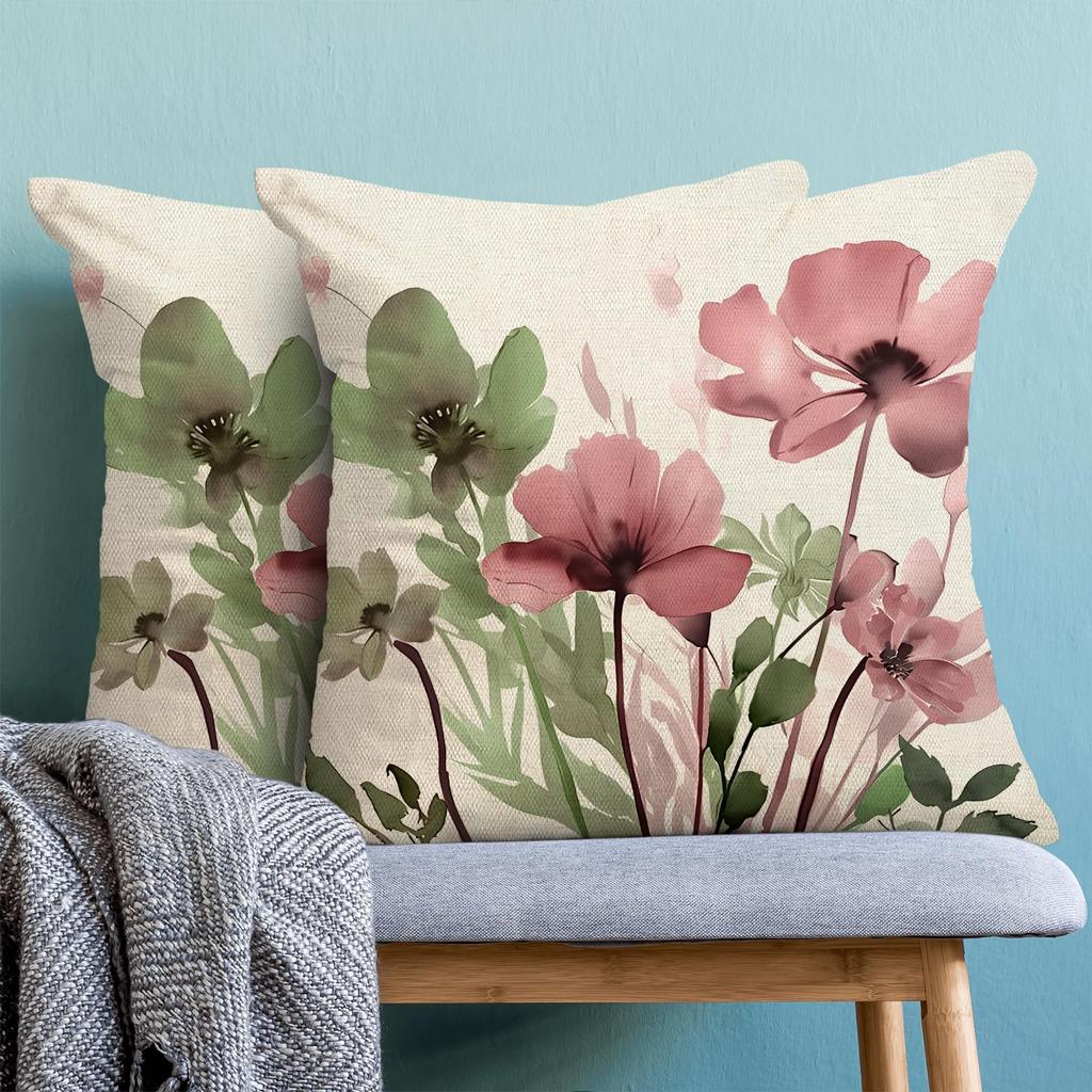 green Floral Pillow Cover Spring/Summer Country-Style Linen Blend Cushion Cover Universal for Living Room Sofa and Outdoor Use with Invisible Zipper