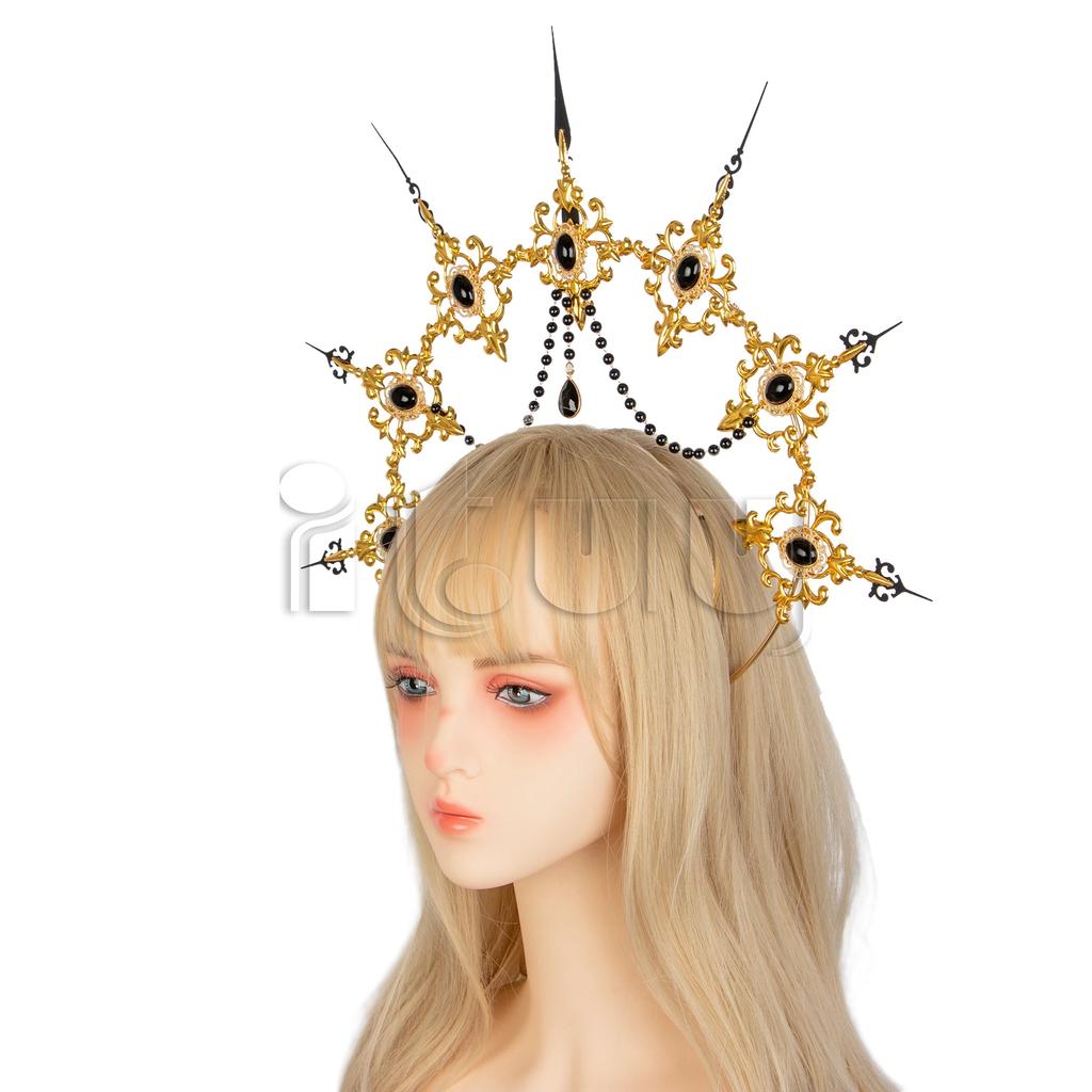 Handmade Dark Retro Gothic Virgin Mary Aura Goddess Sun KC Halo Cross Lolita Headwear Vintage Baroque Tiara Hair Accessories