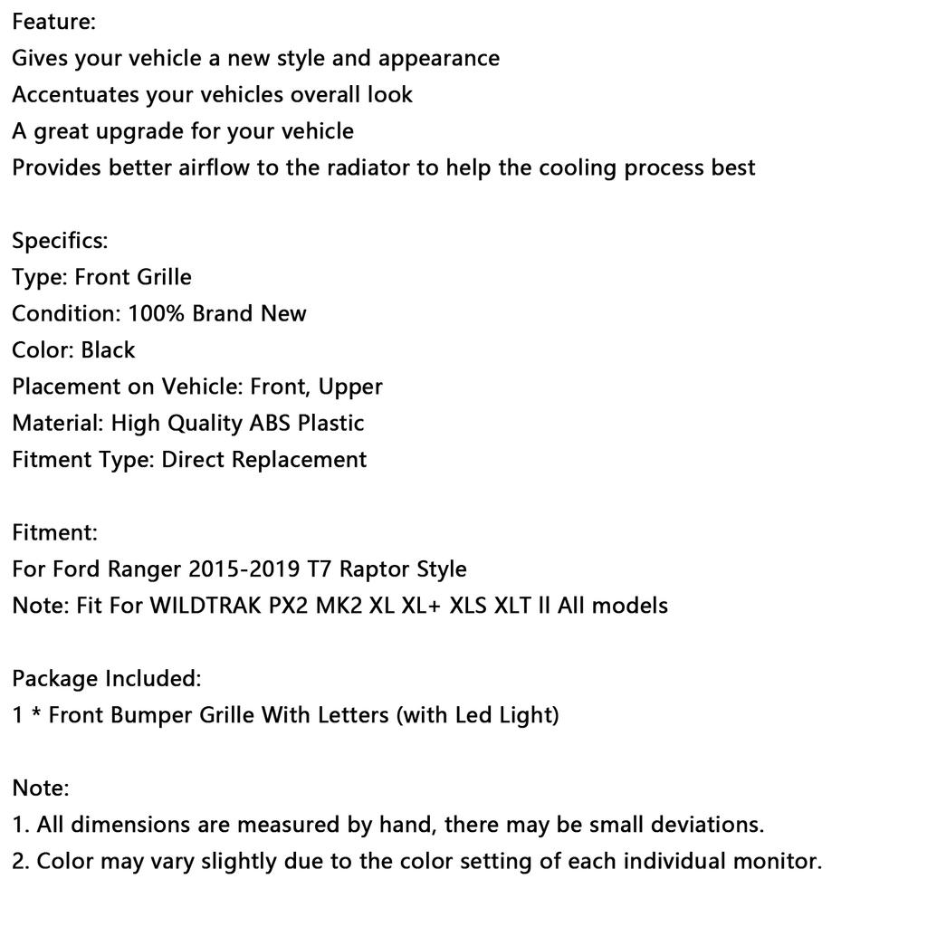 Matte Black Front Bumper Grill Grille Fit Ford Ranger 2015-2019 T7 W/LED
