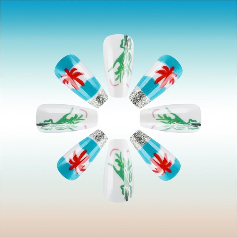 24 Pcs Summer Artificial Nail Long Ballerinas Full Cover False Nail Glittering Stick on Nail Coconut Tree Press On Nail