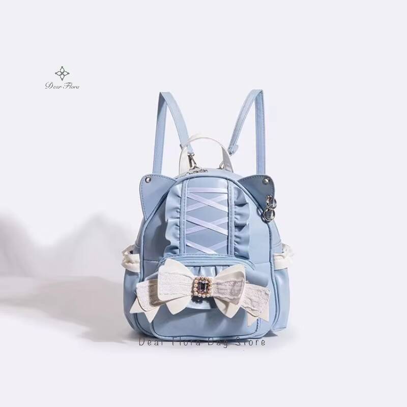 

New Fashion Cute Cat Ear Backpacks Sweet Women Lace Bow Decoration Y2K Punk Knapsack Lolita Girls Large Capacity School Rucksack 25x20x9cm синій
