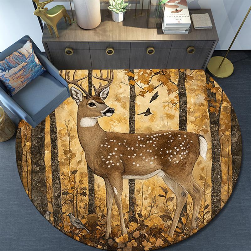 Forest Deer Round Area Rug,Carpet Rug for Living Room Bedroom Sofa Playroom Decor,Non-slip Floor Mat