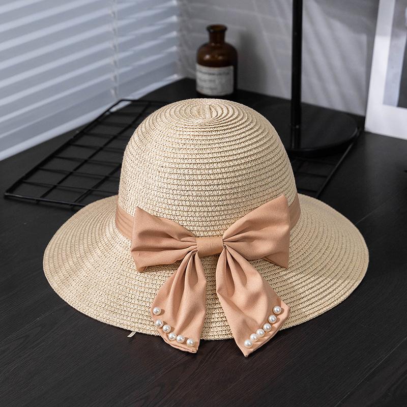 Women's Summer Straw Sun Hat with Wave Brim, Butterfly Bow & Faux Pearl Accents, Beach Hat, Outdoor Travel Vacation Hat