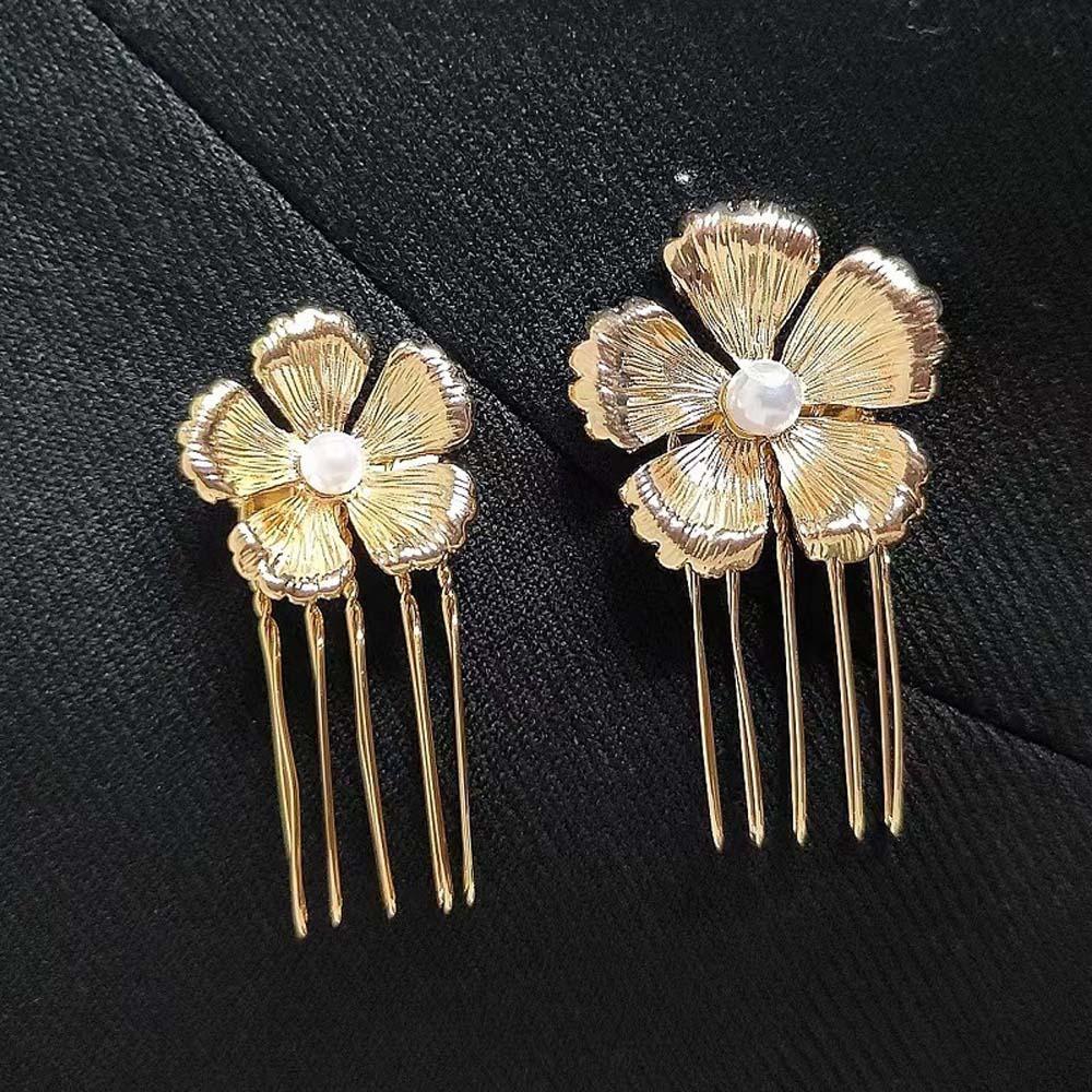 5pcs Retro Golden Flower Hair Forks Hairstyle Tools Wave Zinc Zinc Alloy Barrettes Pearl Side Clips  Banquet