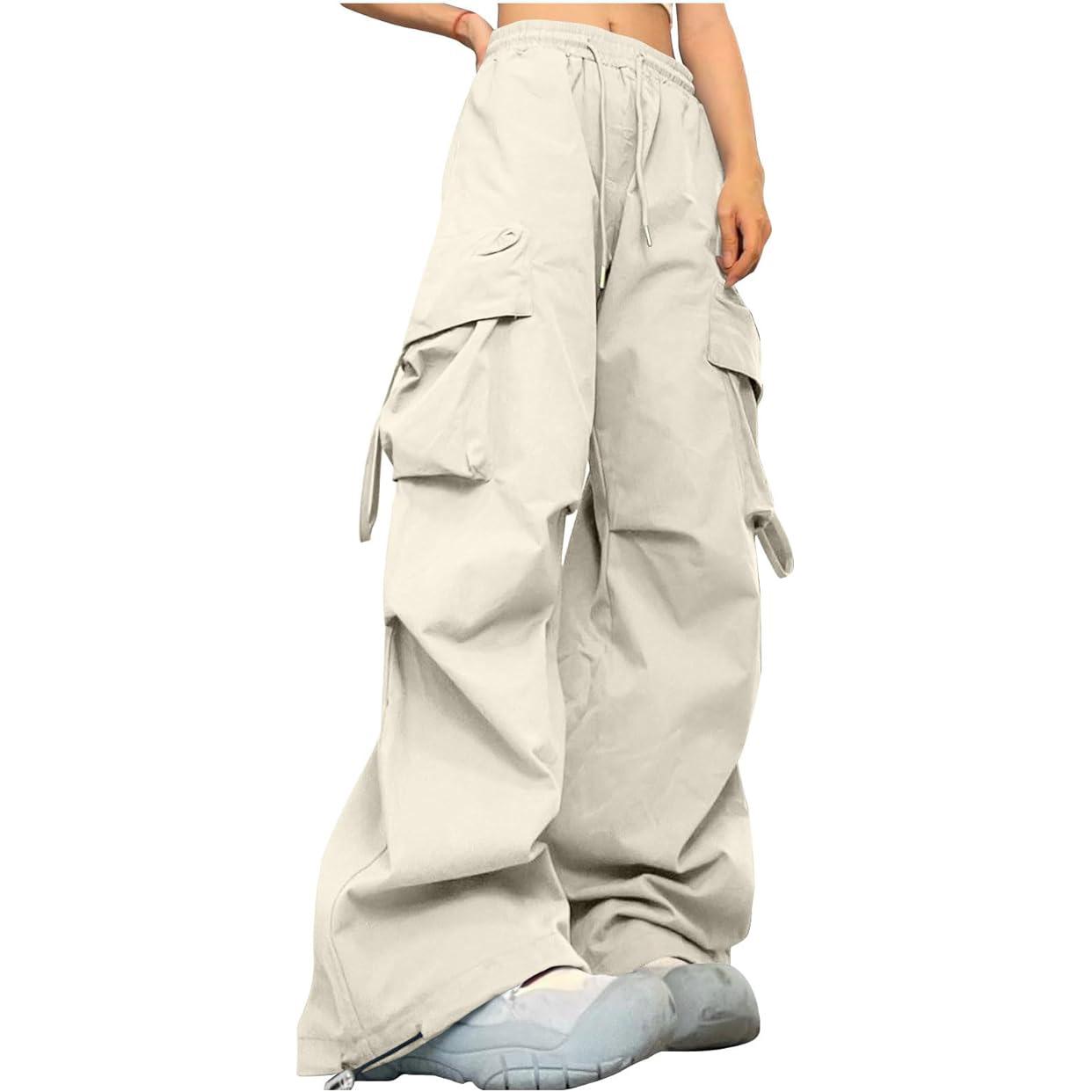 

Женские свободные мешковатые брюки-карго с эластичной завязкой Y2K брюки с широкими штанинами и карманами M слоновая кость