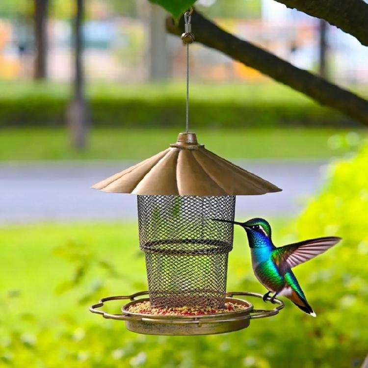 Balcony Hanging Bird Feeder with Antique Gold Finish, Flower Cover, Mesh Food Container, and Foldable Iron Structure