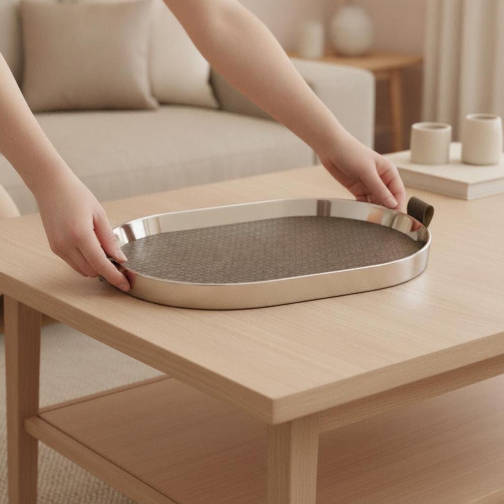 Stainless Steel Tray with Woven Inset Sturdy for Everyday Hosting