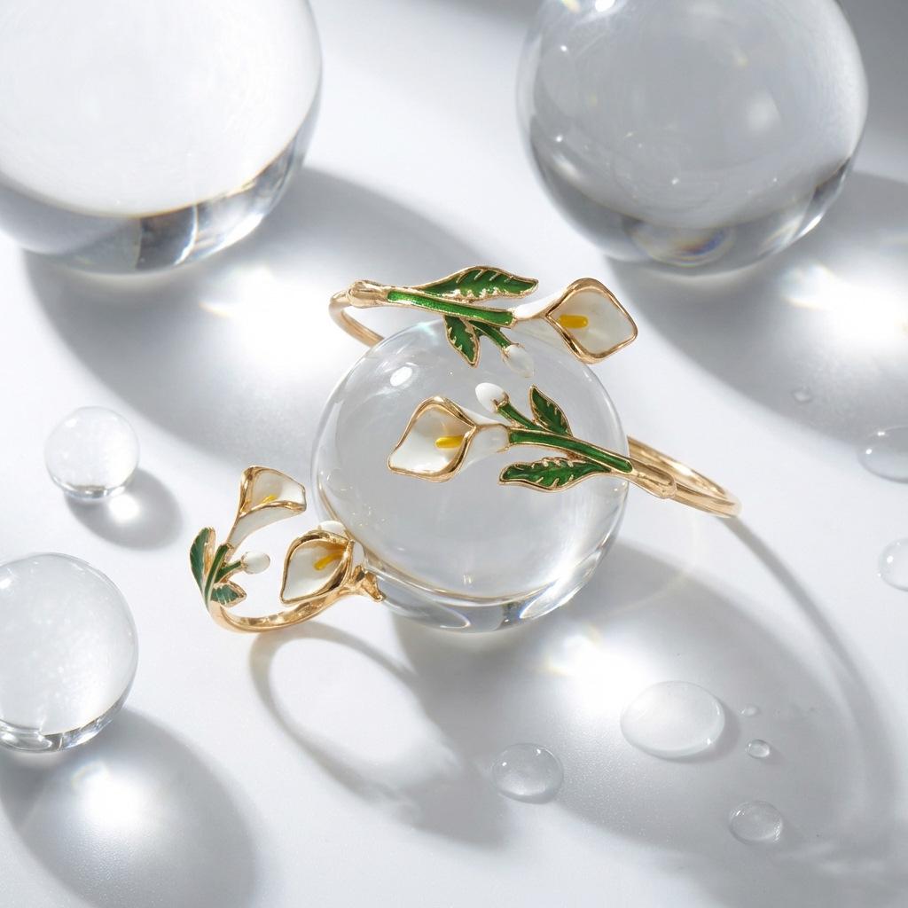 Women's Bracelet and Ring Set, Alloy Enamel Camellia Open Bracelet and Ring Set