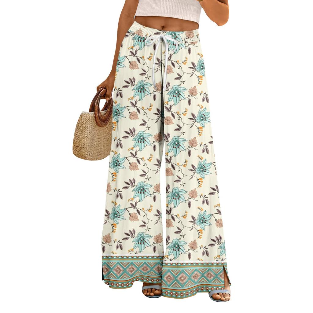 Dames zomer boho palazzo broek met hoge taille, wijde pijpen en bloemenprint, casual broek met zakken