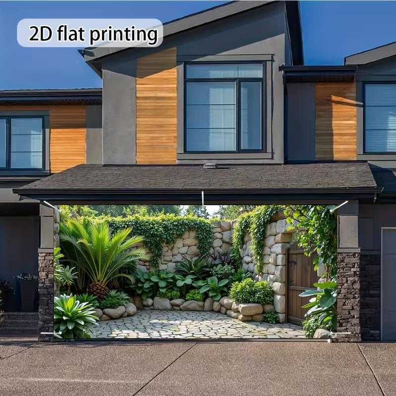 2D Tropical Garden Garage Door Backdrop Party Photo Background Cloth