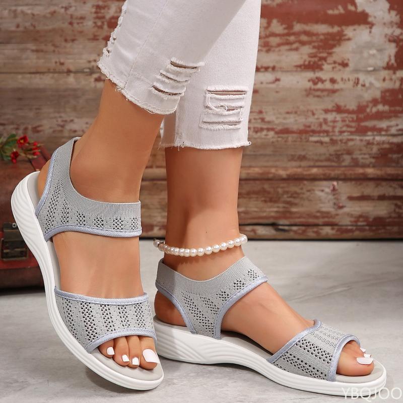 

Fashion 2024 New Women s Knitted Elastic Fabric Slope Heel Sandals Lightweight Walking Leisure Comfortable Breathable Women s Shoes 36 серый