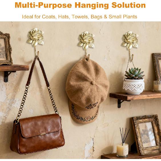 Gold Decorative Wall Hook Set Rose Flora Cute Hooks Vintage Brass Whimsical Flower Hooks for Towel Coat Hat Key Bag Scarf Robe Bathroom and Room