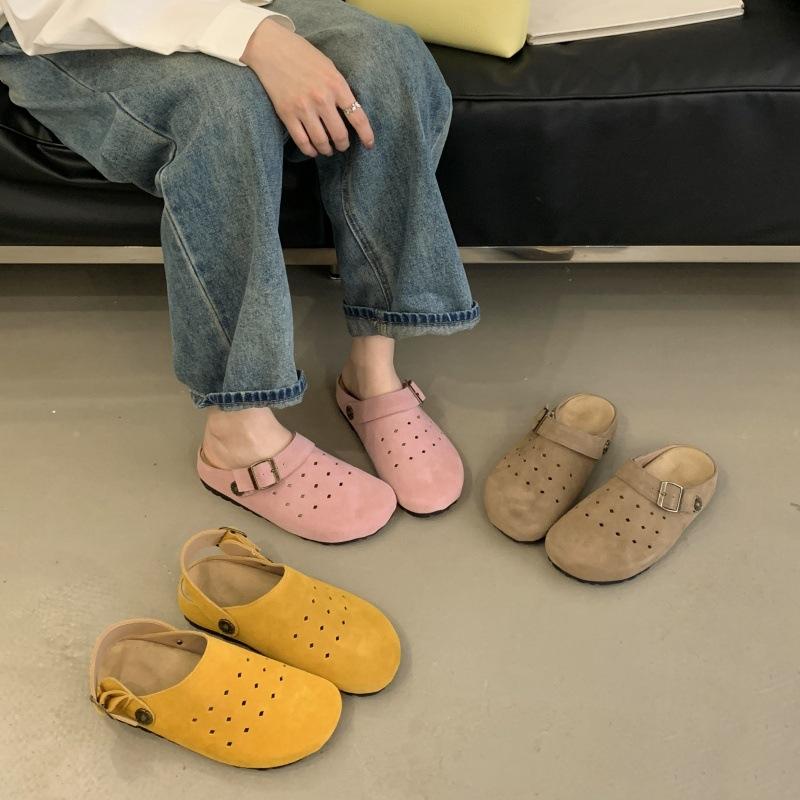 Retro Mori Hollow Breathable Bag Head Half Slippers Female Summer Wear a Pedal Thick Sole Ugly Cute Leather Birkenstocks
