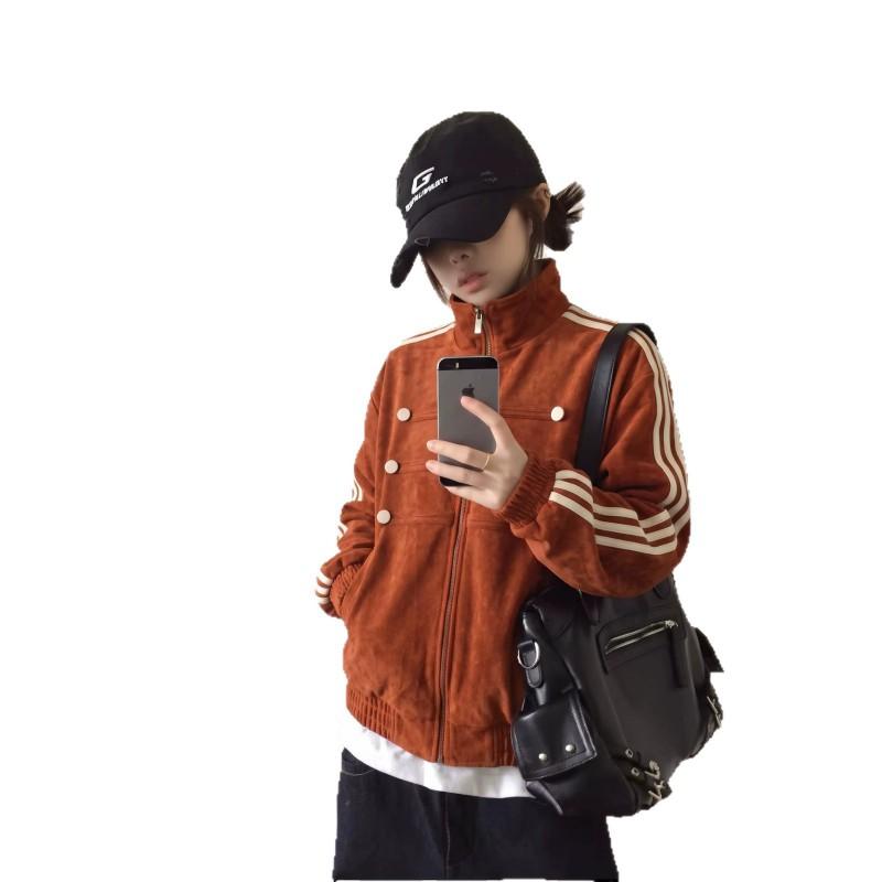 Womens 2026 Fall Faux Suede Stand Collar Jacket Loose Fit Short Cargo Style Daily Casual Outerwear