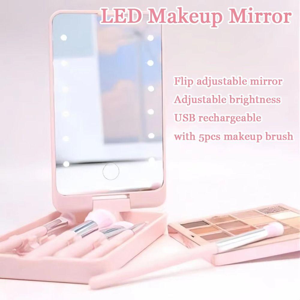 

Adjustable Brightness LED Makeup Mirror Brush Set Mini Cosmetic Brushes Pocket Mirror Dormitory рожевий