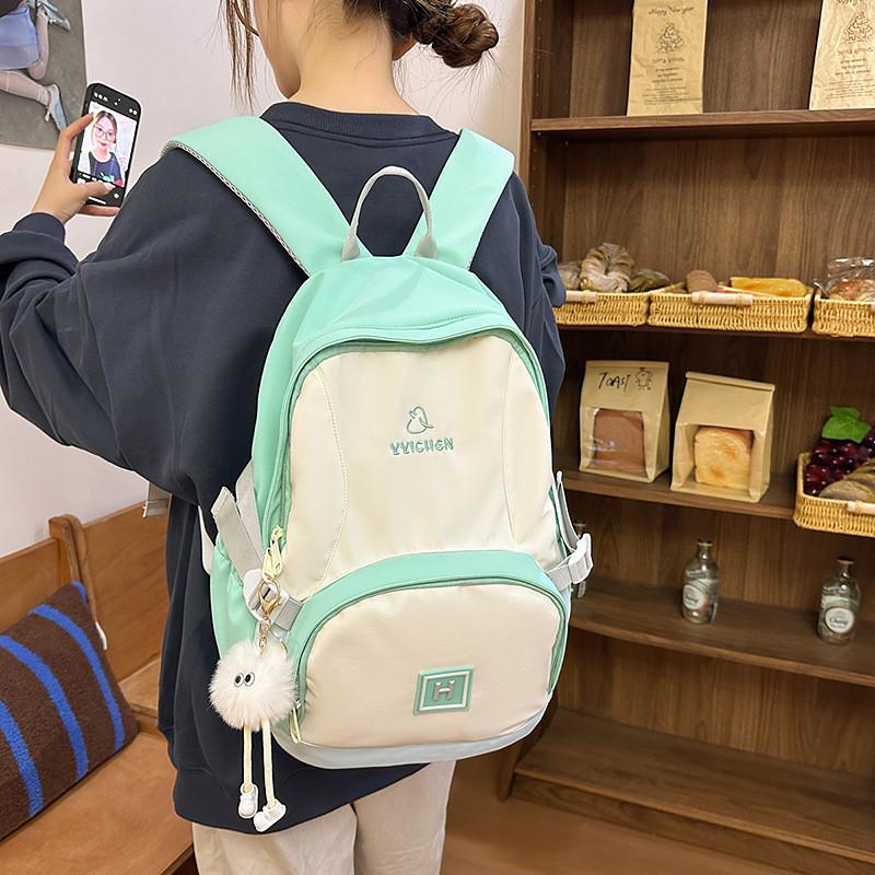 Color Blocked Fashionable Letter Pattern Student Backpack With Pendant Plush