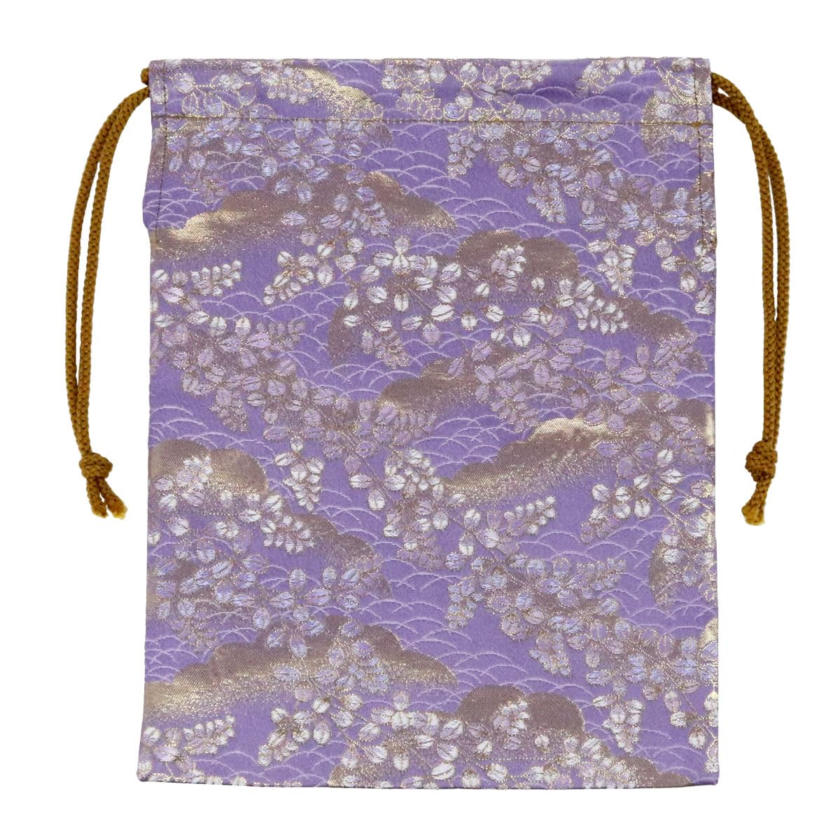 Drawstring bag, gold brocade, bush clover pattern, wisteria