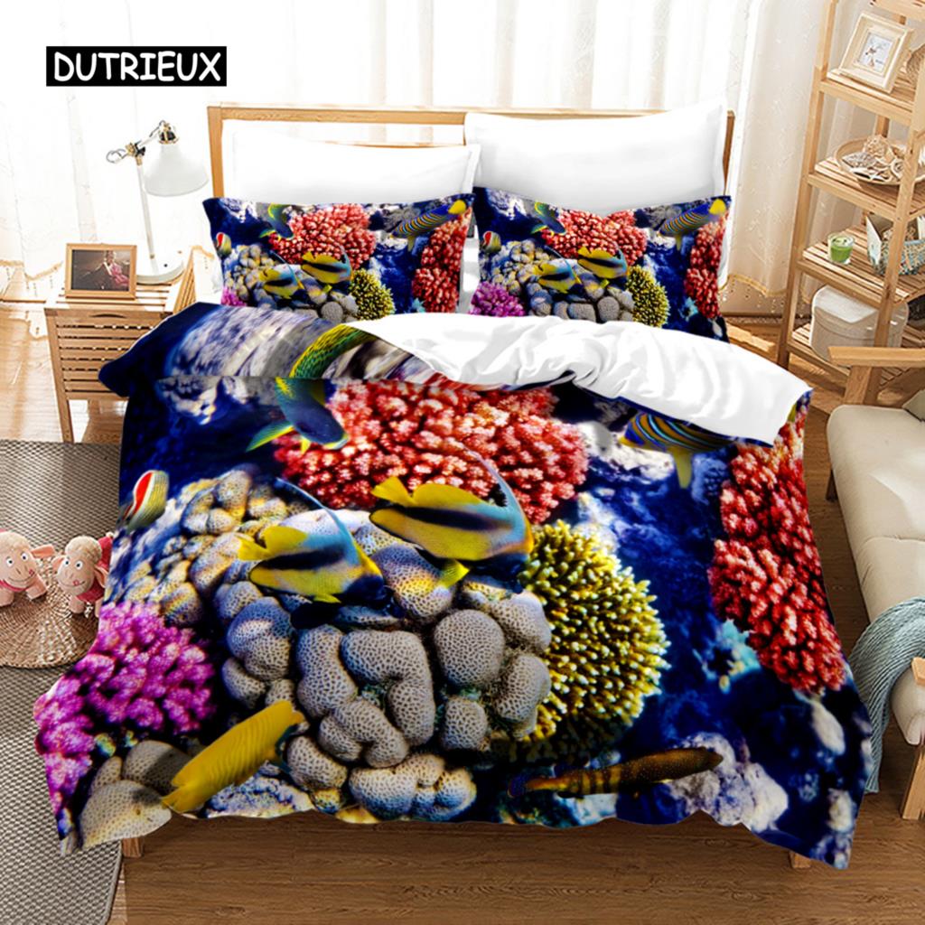 Ocean Duvet Cover Set Polyester Underwater World Clownfish Shark Quilt Cover Sea Animal Theme Double Queen King Size Bedding Set