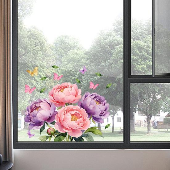 Watercolor Peony Flower Window Cling Floral Butterfly Window Sticker Static PVC Glass Doors Decals for Home Office Living Room
