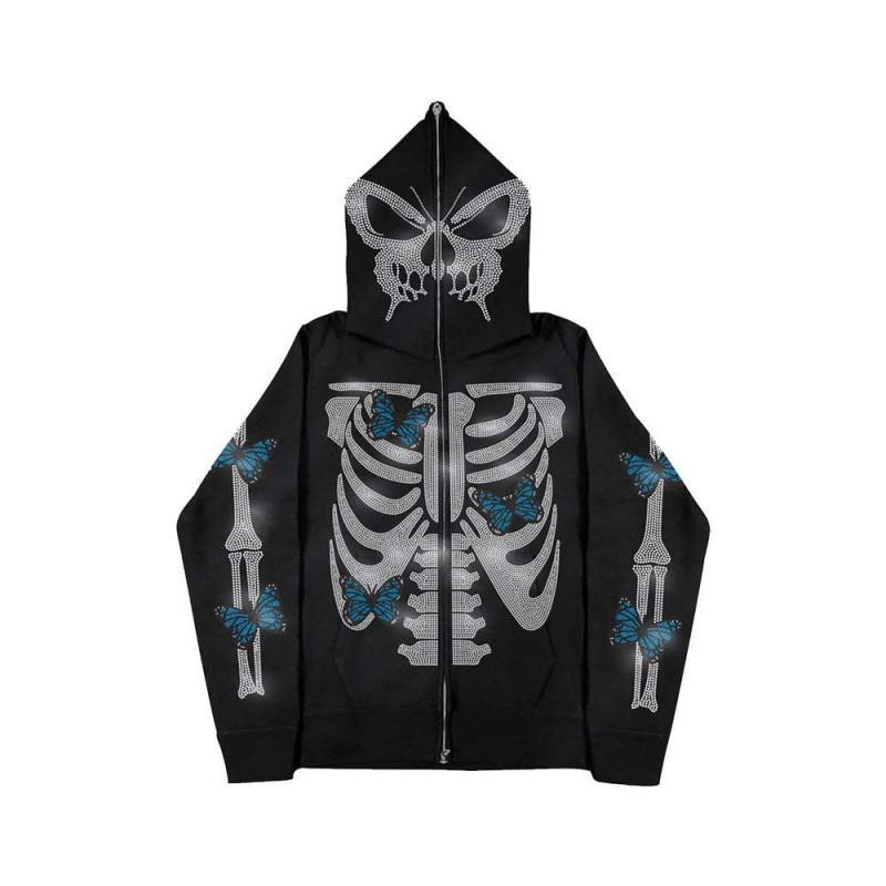 Y2K Style Rhinestone Embellished Oversized Hooded Zip-Up Sweatshirt Women Fall Winter Casual Streetwear