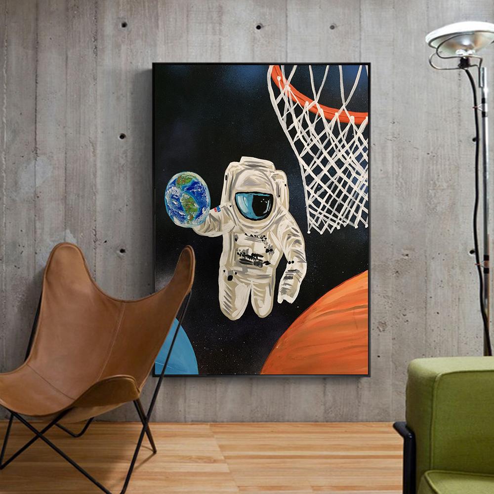 Astronaut Koszykarz Muzyka Malarstwo Nowoczesna Sztuka Ścienna Druk na Płótnie Plakat Zabawny Obraz do Salonu Dekoracja Domu Cuadros