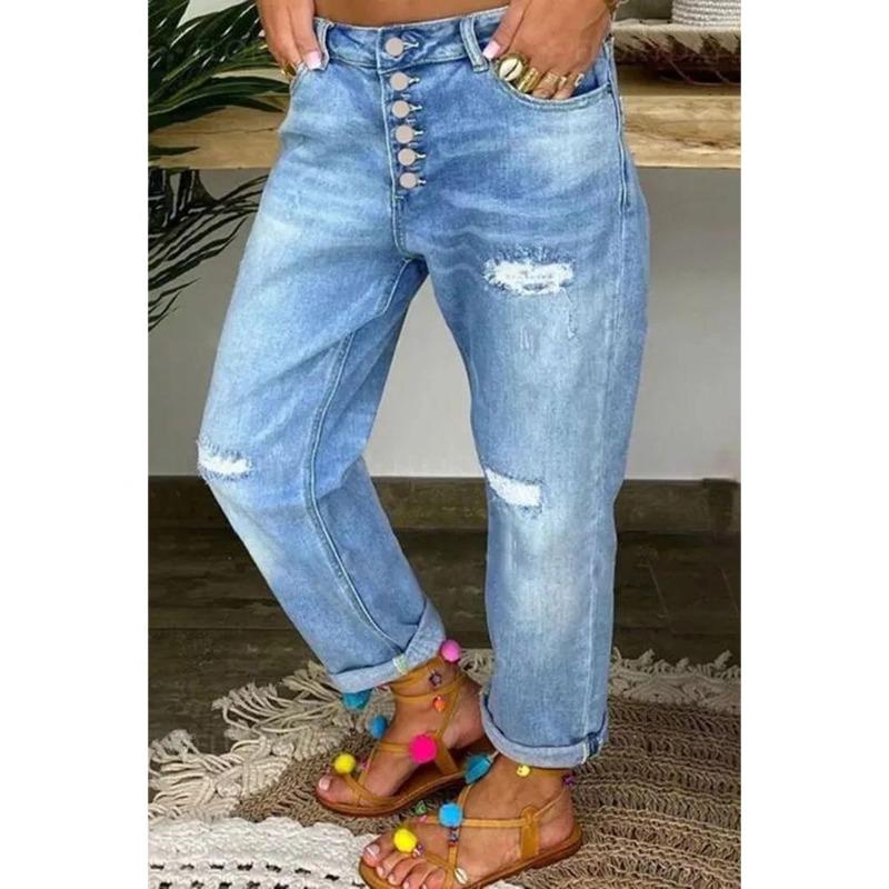 2026 Women s Blue Ripped Loose Straight-Leg Jeans: European & American Style, Washed Casual Long Pants S синий