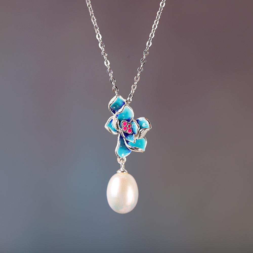 

Серьги-гвоздики в национальном стиле из серебра 925 пробы с пресноводным жемчугом и перегородчатой эмалью в виде лотоса для женщин S925 Silver