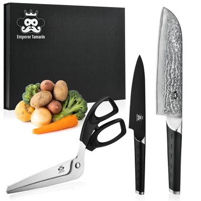 Emperor Tamarin Santoku Petty and Kitchen Dishwasher Damascus German and Stainless Steel 3-Piece Set Knife, Knife, Scissors, Safe, Steel, Steel,
