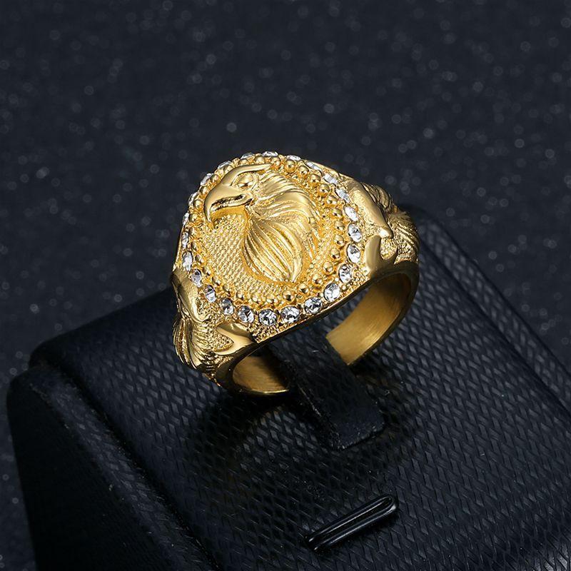 Mens Titanium Steel Eagle Ring With Gold Plating Rhinestones Hip Hop Style Adjustable Size