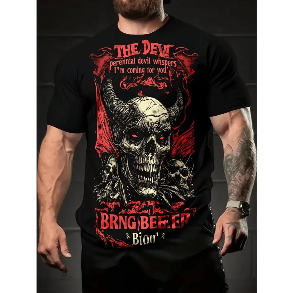 Herren Gothic Teufel Totenkopf T-Shirt - Ich komme für dich Aufdruck Oberteil, Street Trendy für Rockmusik, Halloween und Tägliches Anziehen