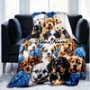 1PC Custom Name Puppies Blue Flowers Outdooor Flannel Blankets Patterns Throw Blanket All-Season Soft Gift for Couch, Bed, Camping Gifts
