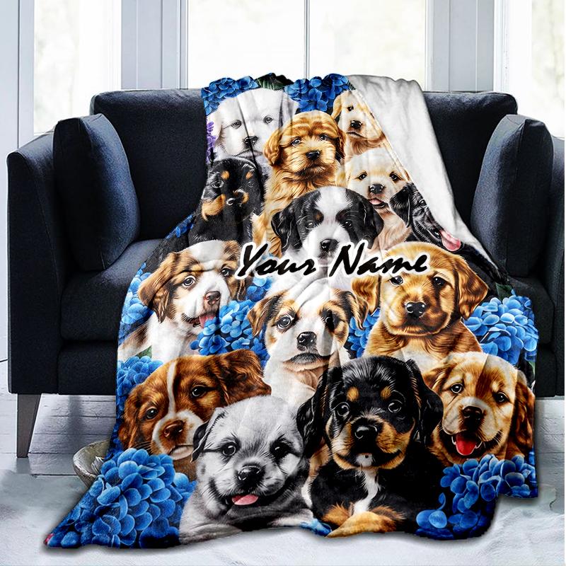 1PC Custom Name Puppies Blue Flowers Outdooor Flannel Blankets Patterns Throw Blanket All-Season Soft Gift for Couch, Bed, Camping Gifts