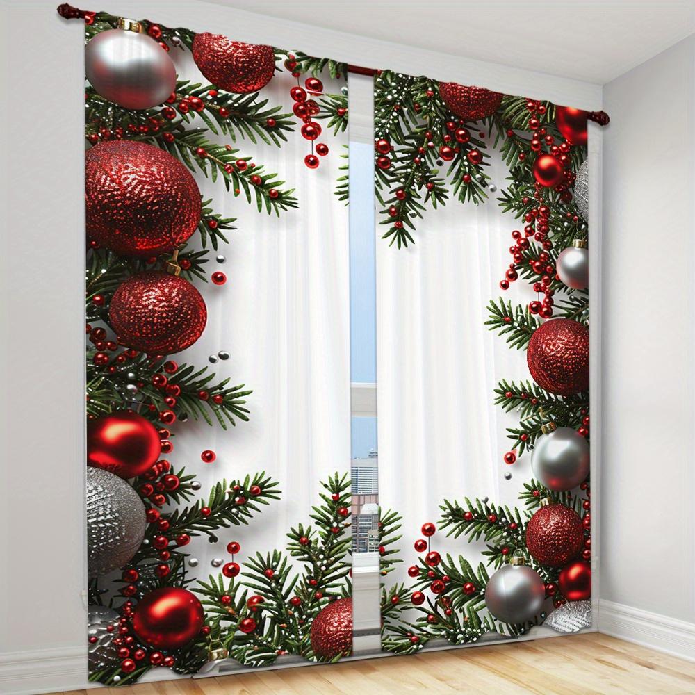 2 Pieces Christmas Deer Bell Pine Branch Patterns Curtains Rod Pocket Mount Digital Printed Polyester for Living Room Kitchen