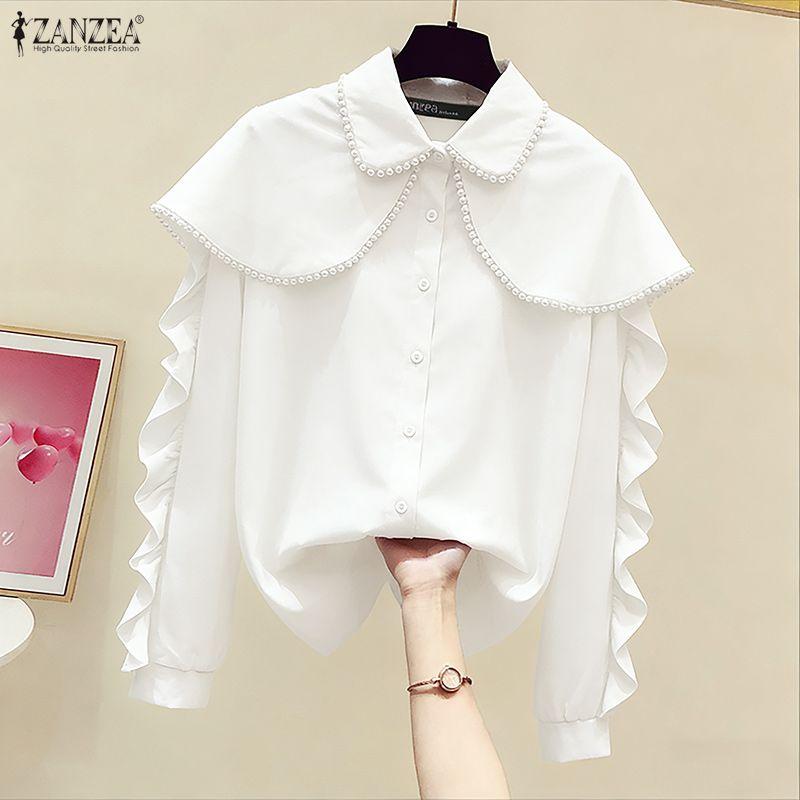 ZANZEA Women Casual Doll Collar Loose Long Sleeve Blouse