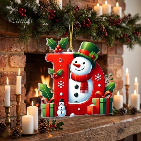 Holiday Party Scene Hanging Supplies 26Pcs Christmas Alphabet Ornament Set, 2D Acrylic A-Z Letters with Custom Xmas Tree Decor Santa Hat Snowman