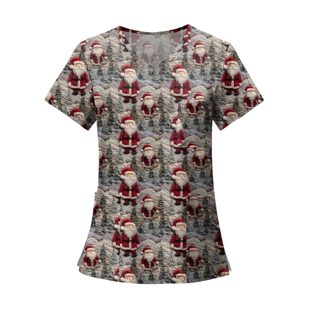 Women's Fashion Printed Short Sleeve V Neck Pattern Tops Pocket Working T-shirts