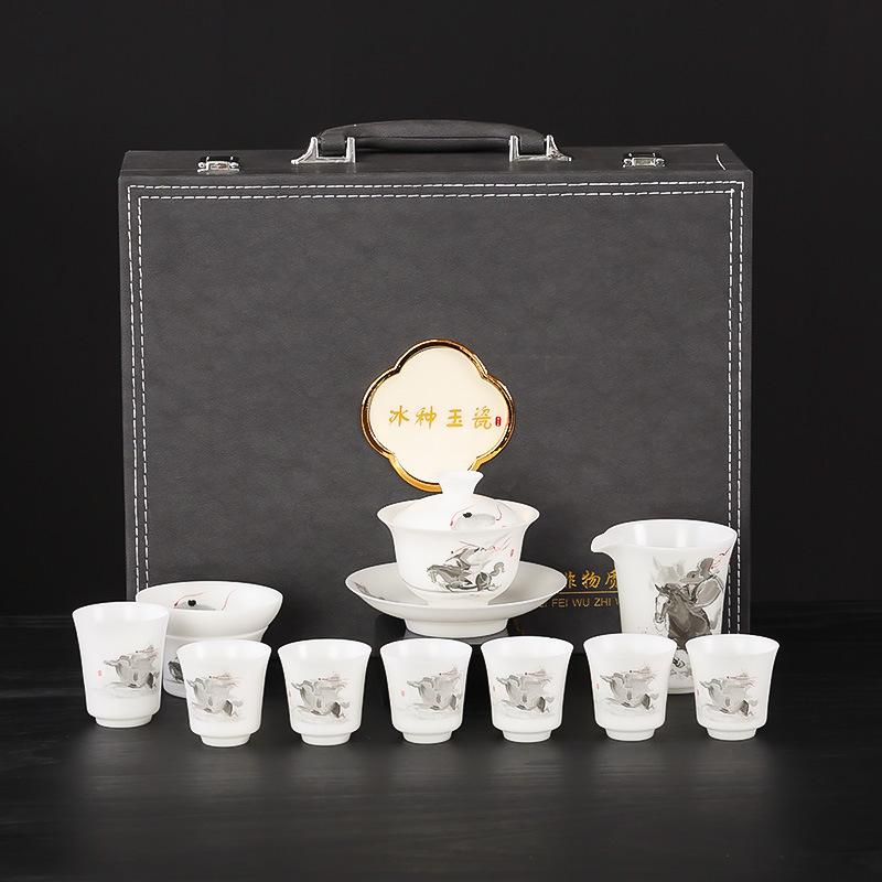 High-end vegetarian-fired ice jade porcelain Kung Fu tea set, household Dehua white porcelain Jianghu knight
