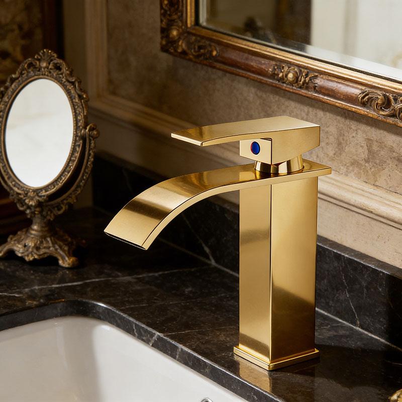 Gold Waterfall Basin Faucet - Vessel Sink Mixer Tap for Bathroom, Hot & Cold Water Home Use