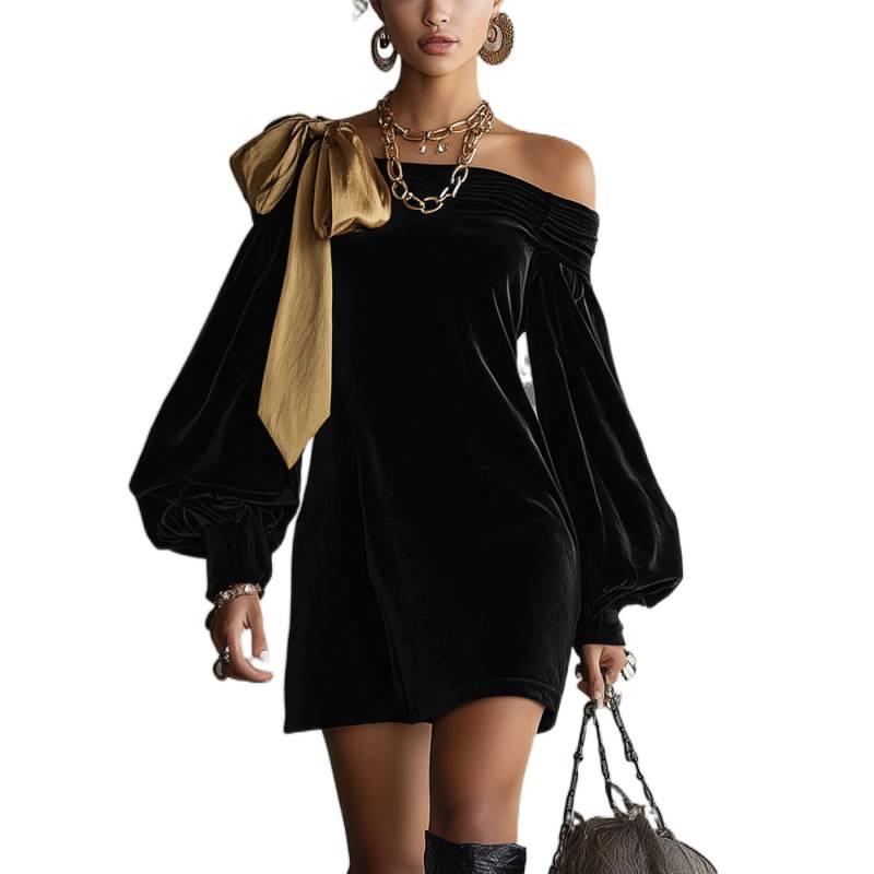 2026 expensive daughter elegant French black dress women's clothing contrasting color temperament short skirt