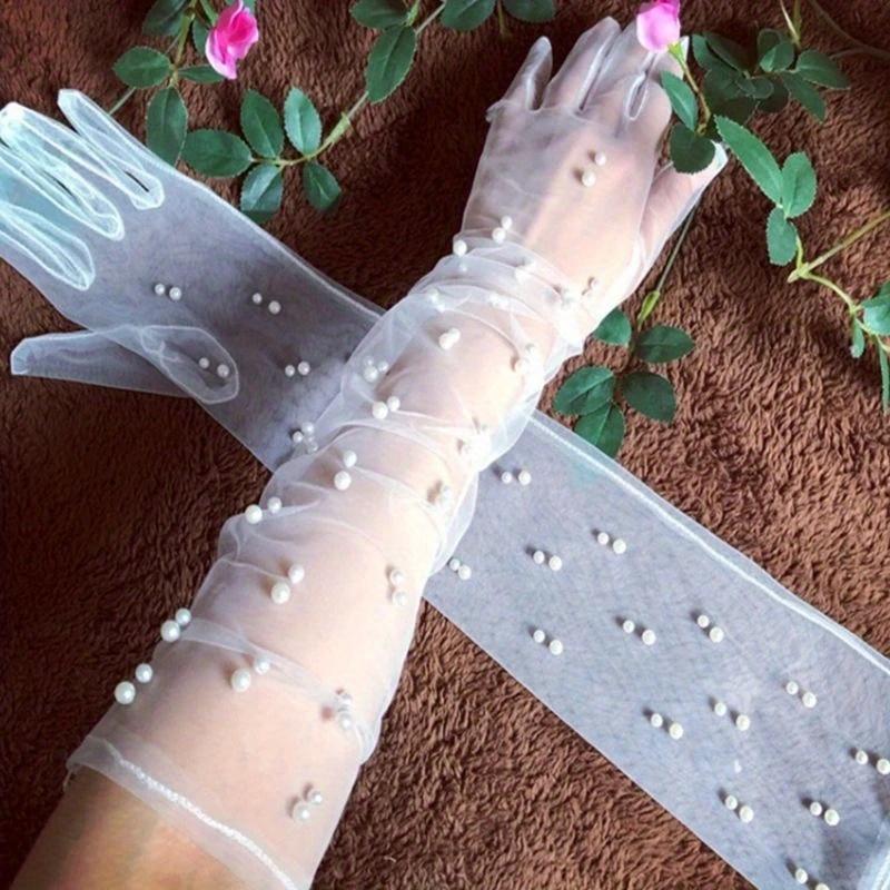 55cm Transparent Wedding Gloves Simualtion Pearls Long Elbow Mittens Mesh Arm Covers Women Party Bridal Dress Accessories Photo Props
