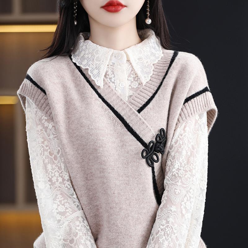 

Жилет с цветными блоками и пуговицами спереди, повседневный трикотажный жилет без рукавов с двумя карманами для весны и осени, женская одежда XXL верблюд