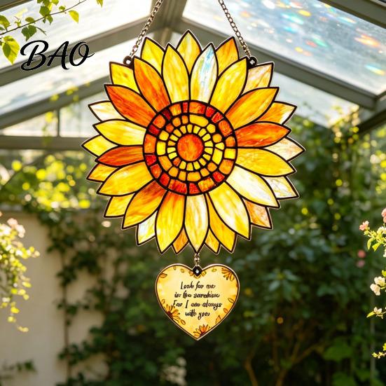 Sunflower Suncatcher for Window Stained Glass Style Pendant, Floral Wall Hanging Art with Metal Light Transmitting Piece Chain, Acrylic Ornament Home