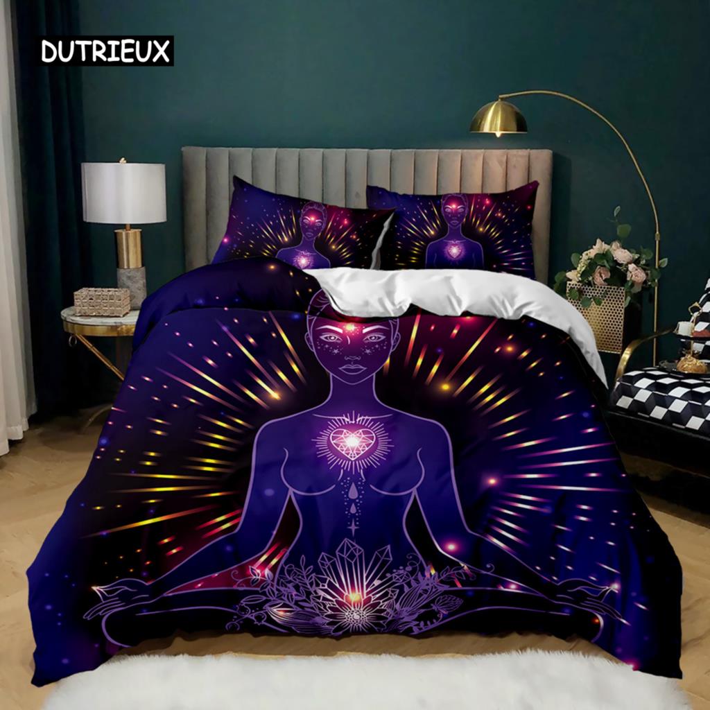 Buddha Duvet Cover Set Indian Art Bohemian Mandala Zen Themed Bedding Set Meditation Buddhist Lotus Floral Polyester Qulit Cover