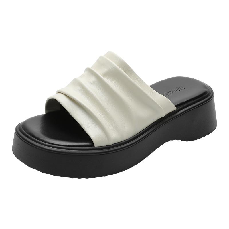 Spot Wrinkled Bangkok Drag Thick-soled One-word Slippers Women's Summer New Casual Outer Wear Flat-soled Loose Sandals