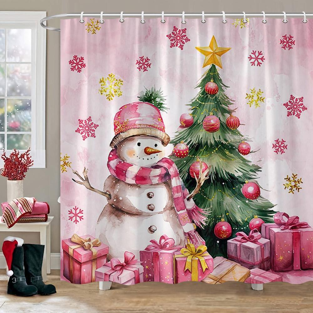 Winter Christmas Shower Curtain Red Truck Snowman Reindeer Snowy Farmhouse Bath Curtain Washable Polyester Fabric Bathroom Decor