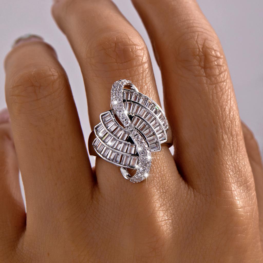Bold Geometric Asymmetric Cubic Zirconia Copper Ring for Women Modern Abstract Edgy Statement Finger Jewelry