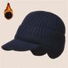 Men Knitted Hat Extended Brim Ear Protection Solid Color Knitting Hat Thickened Plush Lining Winter Warm Hat
