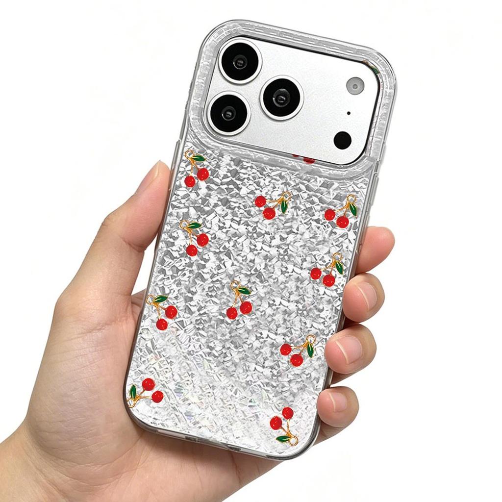 Case for Iphone 17 Pro 14 XR 16 Plus 15 Air 18 Pro Max 11 XS Max 13 12 Silver Glitter Crackle Background Small Red Cherries
