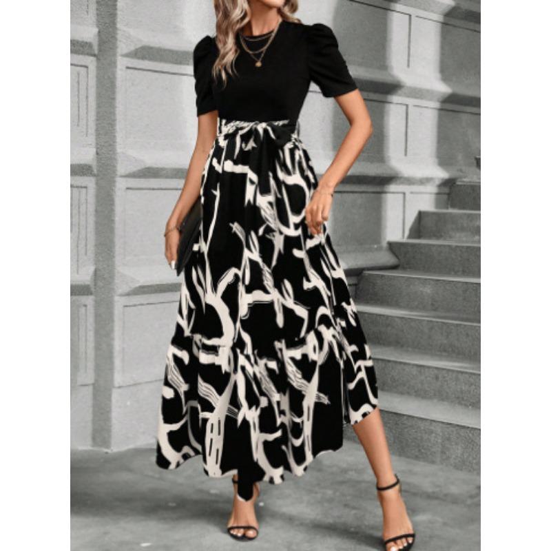 2025 Spring Summer Short Sleeve Floral Printing Elegant Dress Crew Neck Fashion Splicing Vacation Style Casual A-line Party Dress Slim Women Clothing