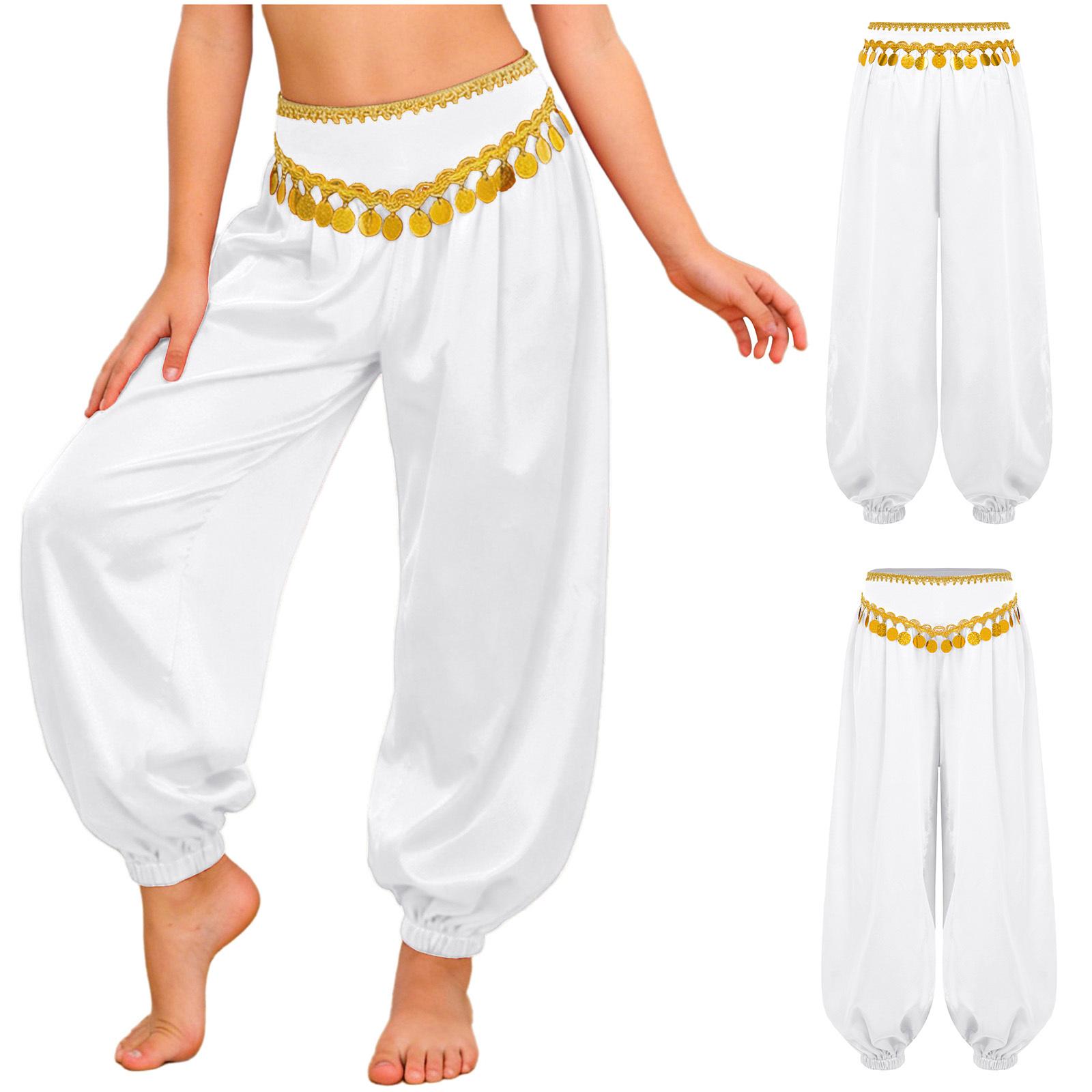 

Girls Sequin Tassels Bloomers Pants Braid Trim Loose Fit Side Zipper Belly Dance Costume 5-6 Years білий